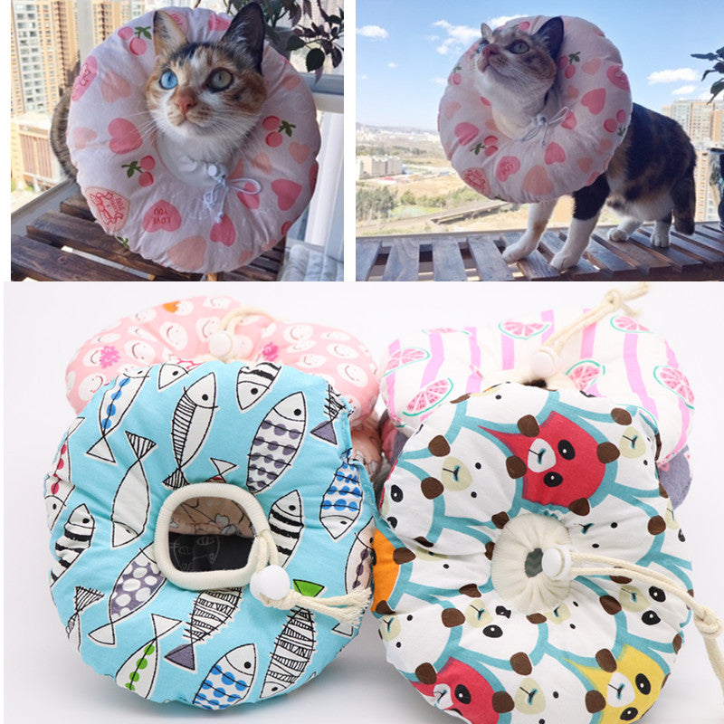 KFX-9729341 Soft Cotton Elizabethan Ring for Cats - Anti-Bite, Anti-Lick, Anti-Scratch Headgear in Blue Fish, Gray, Pink Cat, Multiple Sizes Available