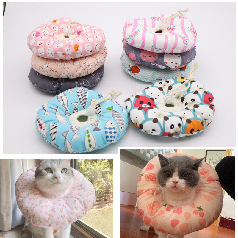 KFX-9729341 Soft Cotton Elizabethan Ring for Cats - Anti-Bite, Anti-Lick, Anti-Scratch Headgear in Blue Fish, Gray, Pink Cat, Multiple Sizes Available