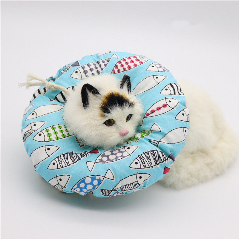 KFX-9729341 Soft Cotton Elizabethan Ring for Cats - Anti-Bite, Anti-Lick, Anti-Scratch Headgear in Blue Fish, Gray, Pink Cat, Multiple Sizes Available