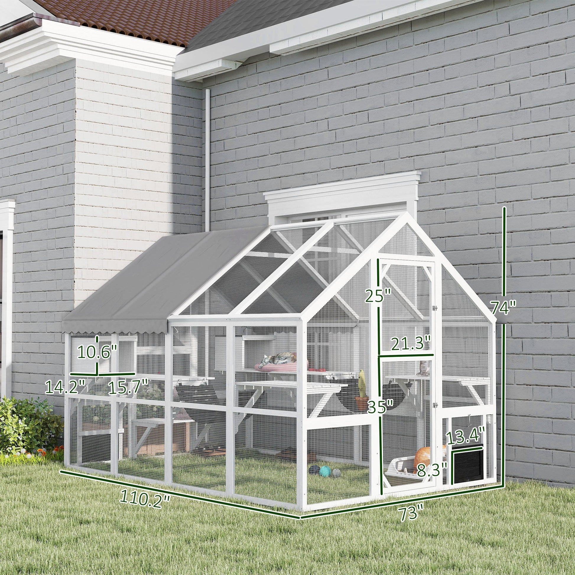 KFX-9731005 Outdoor Wooden Cat Enclosure with Waterproof Cover, 2 Condos, 6 Platforms, and Easy Access Doors in White