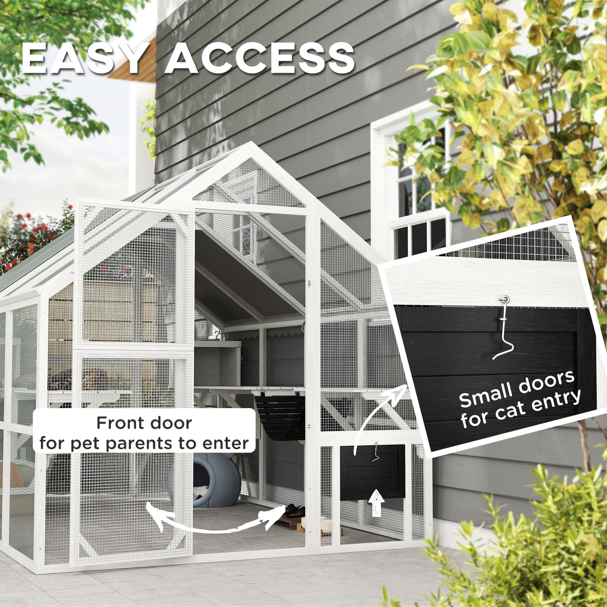 KFX-9731005 Outdoor Wooden Cat Enclosure with Waterproof Cover, 2 Condos, 6 Platforms, and Easy Access Doors in White