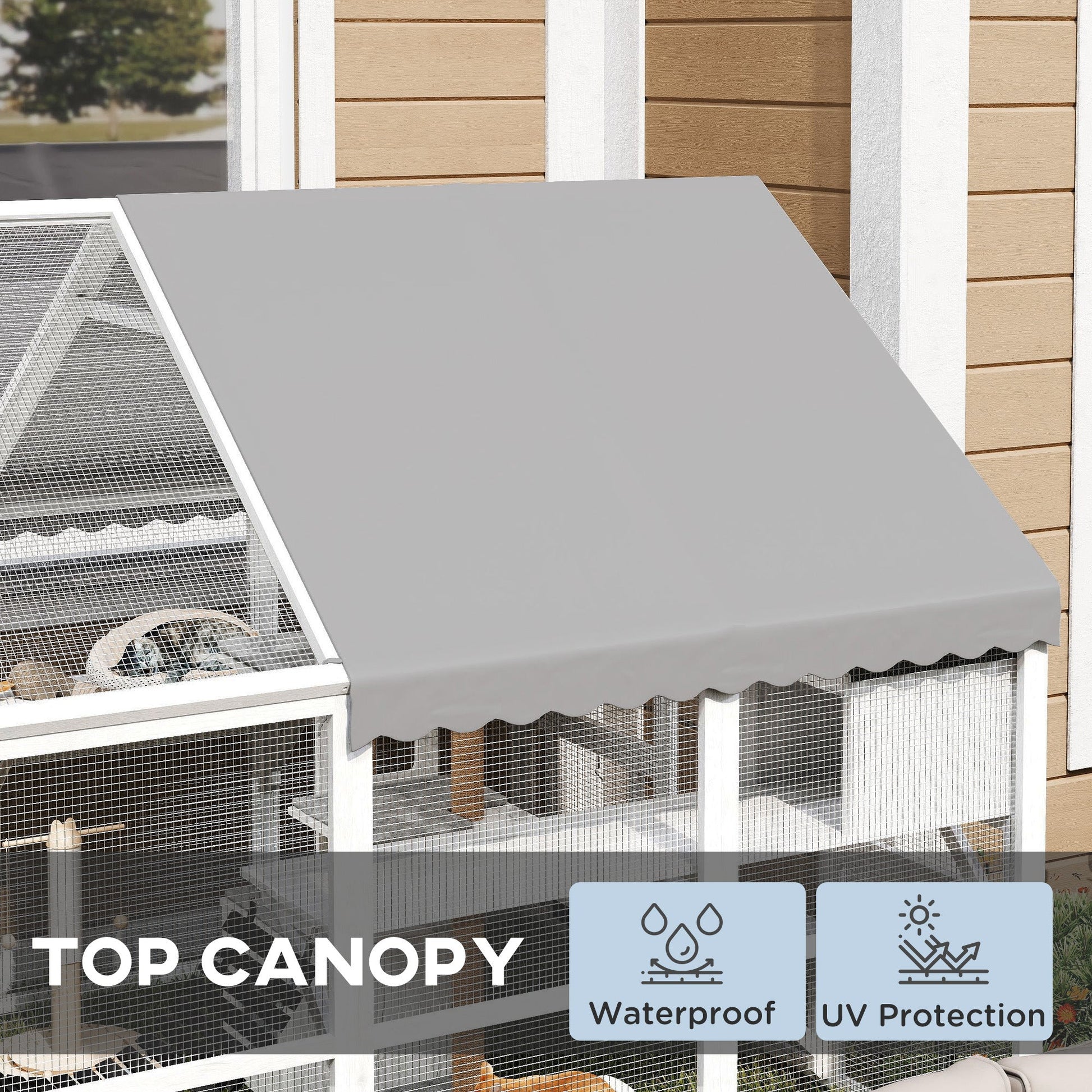 KFX-9731005 Outdoor Wooden Cat Enclosure with Waterproof Cover, 2 Condos, 6 Platforms, and Easy Access Doors in White