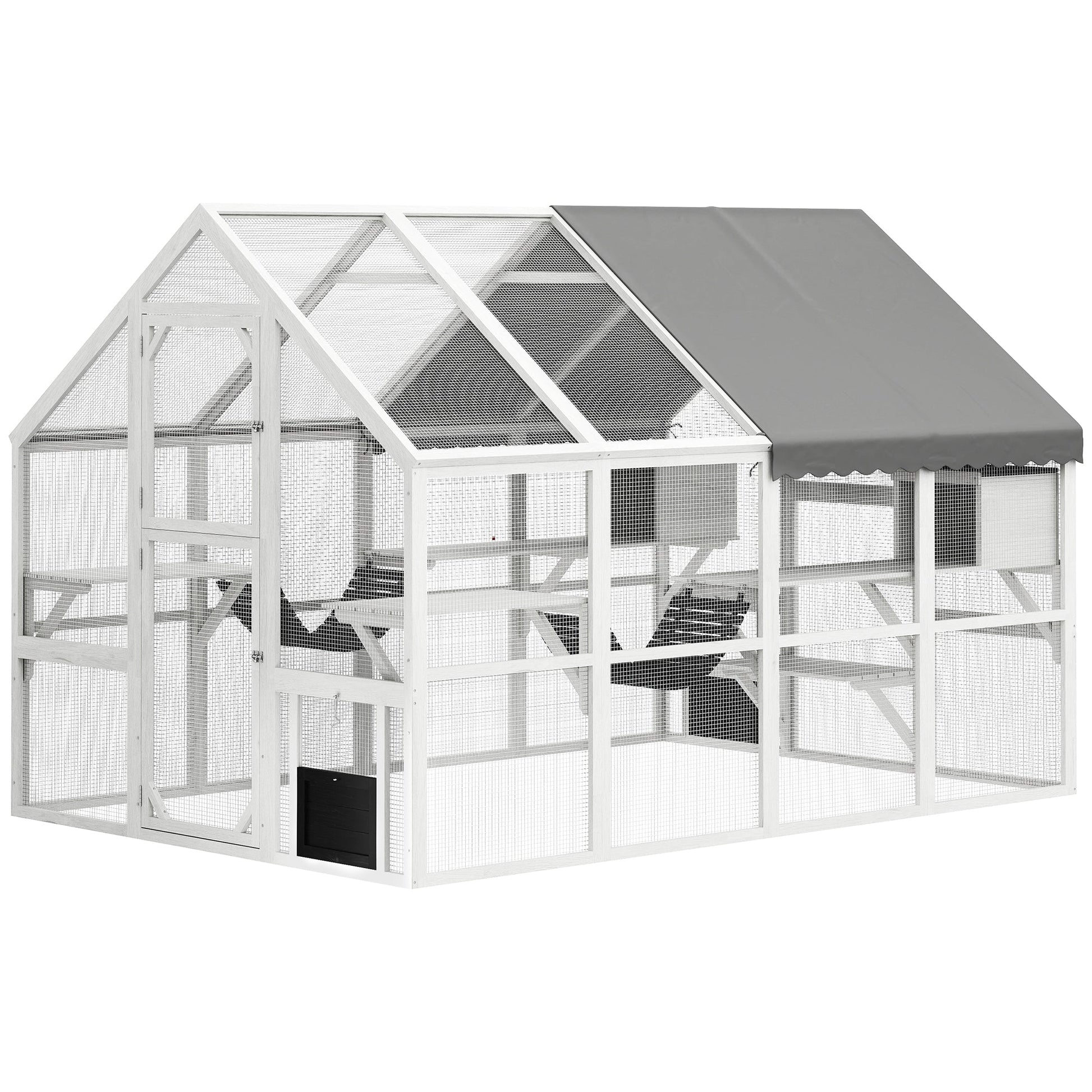 KFX-9731005 Outdoor Wooden Cat Enclosure with Waterproof Cover, 2 Condos, 6 Platforms, and Easy Access Doors in White