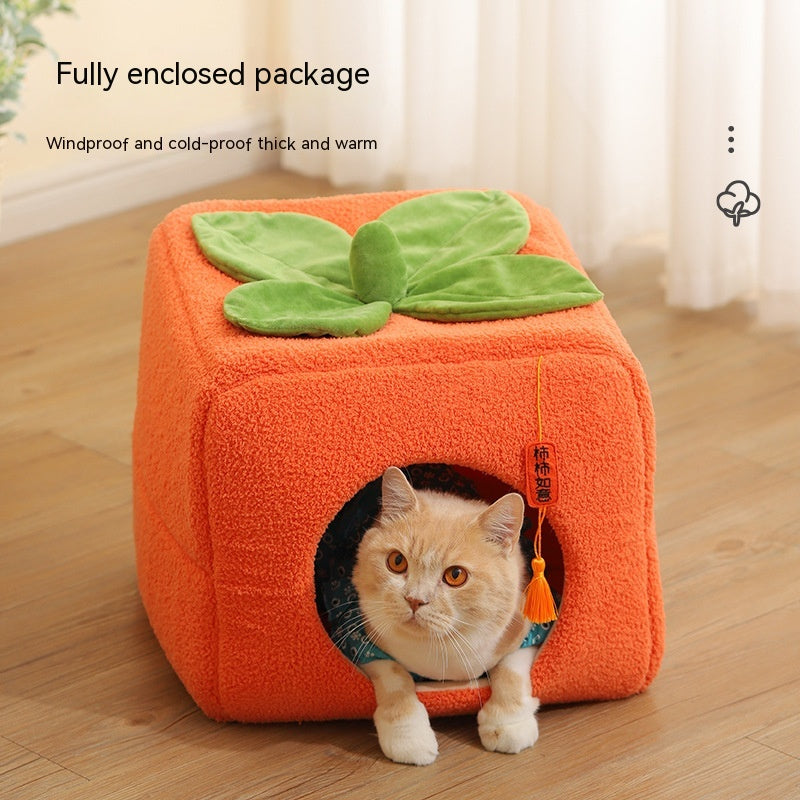 KFX-9731389 Cozy Lucky Persimmon Pet Bed for Cats - Mohair Corduroy Nest