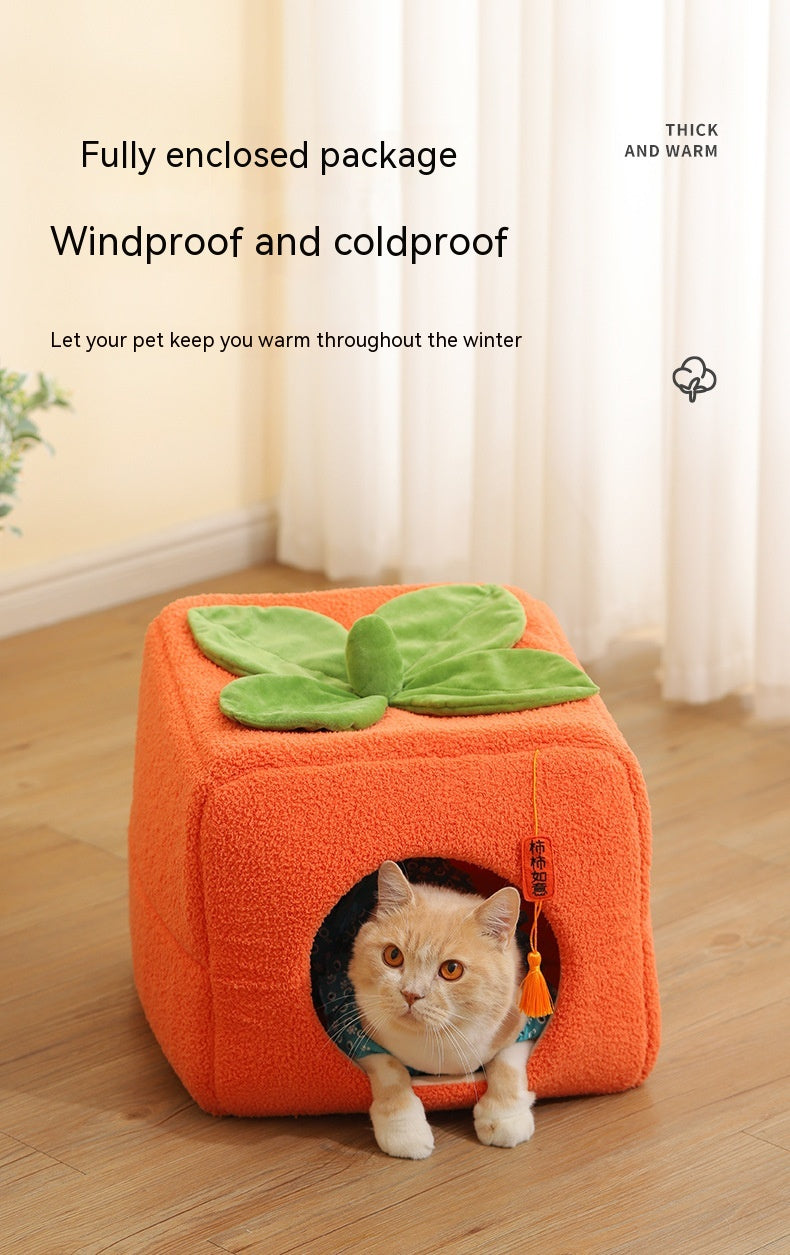 KFX-9731389 Cozy Lucky Persimmon Pet Bed for Cats - Mohair Corduroy Nest