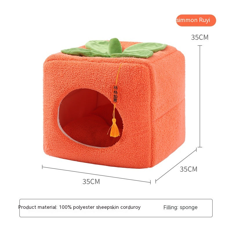 KFX-9731389 Cozy Lucky Persimmon Pet Bed for Cats - Mohair Corduroy Nest