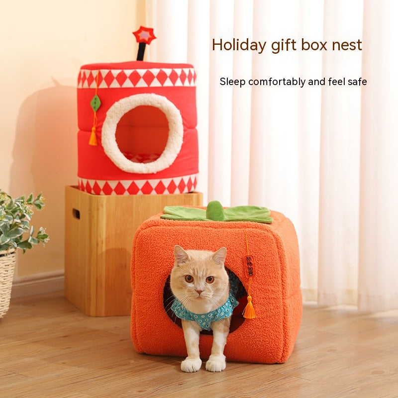 KFX-9731389 Cozy Lucky Persimmon Pet Bed for Cats - Mohair Corduroy Nest