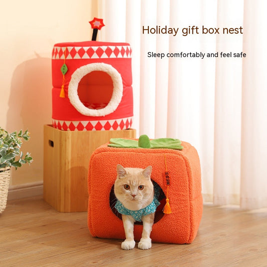 KFX-9731389 Cozy Lucky Persimmon Pet Bed for Cats - Mohair Corduroy Nest