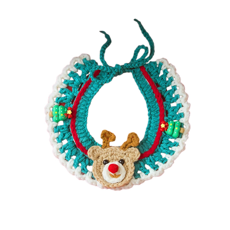 KFX-9740861 Adjustable Knit Pet Collar with Crochet Elk Pattern for Cats and Dogs, Comfortable and Stylish Design