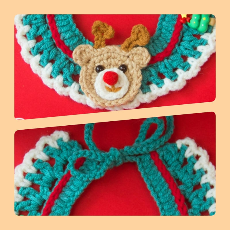KFX-9740861 Adjustable Knit Pet Collar with Crochet Elk Pattern for Cats and Dogs, Comfortable and Stylish Design