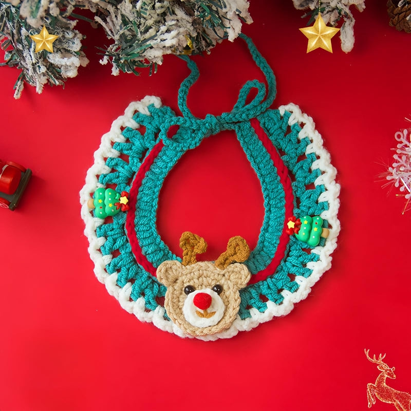 KFX-9740861 Adjustable Knit Pet Collar with Crochet Elk Pattern for Cats and Dogs, Comfortable and Stylish Design