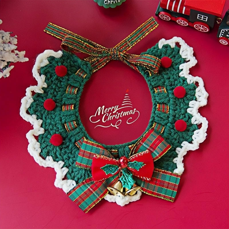 KFX-9740861 Adjustable Knit Pet Collar with Crochet Elk Pattern for Cats and Dogs, Comfortable and Stylish Design