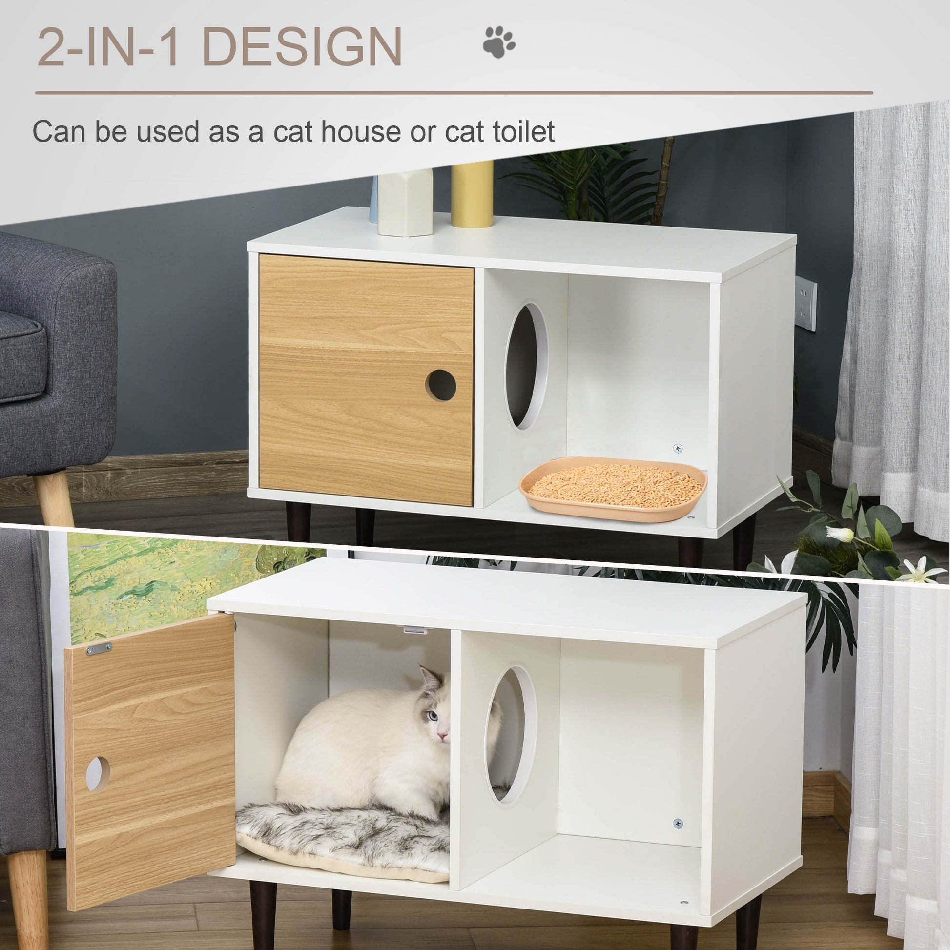 KFX-9744317 Elevated Wooden Cat House with Soft Cushion and Storage, Modern Kitten Condo Side Table