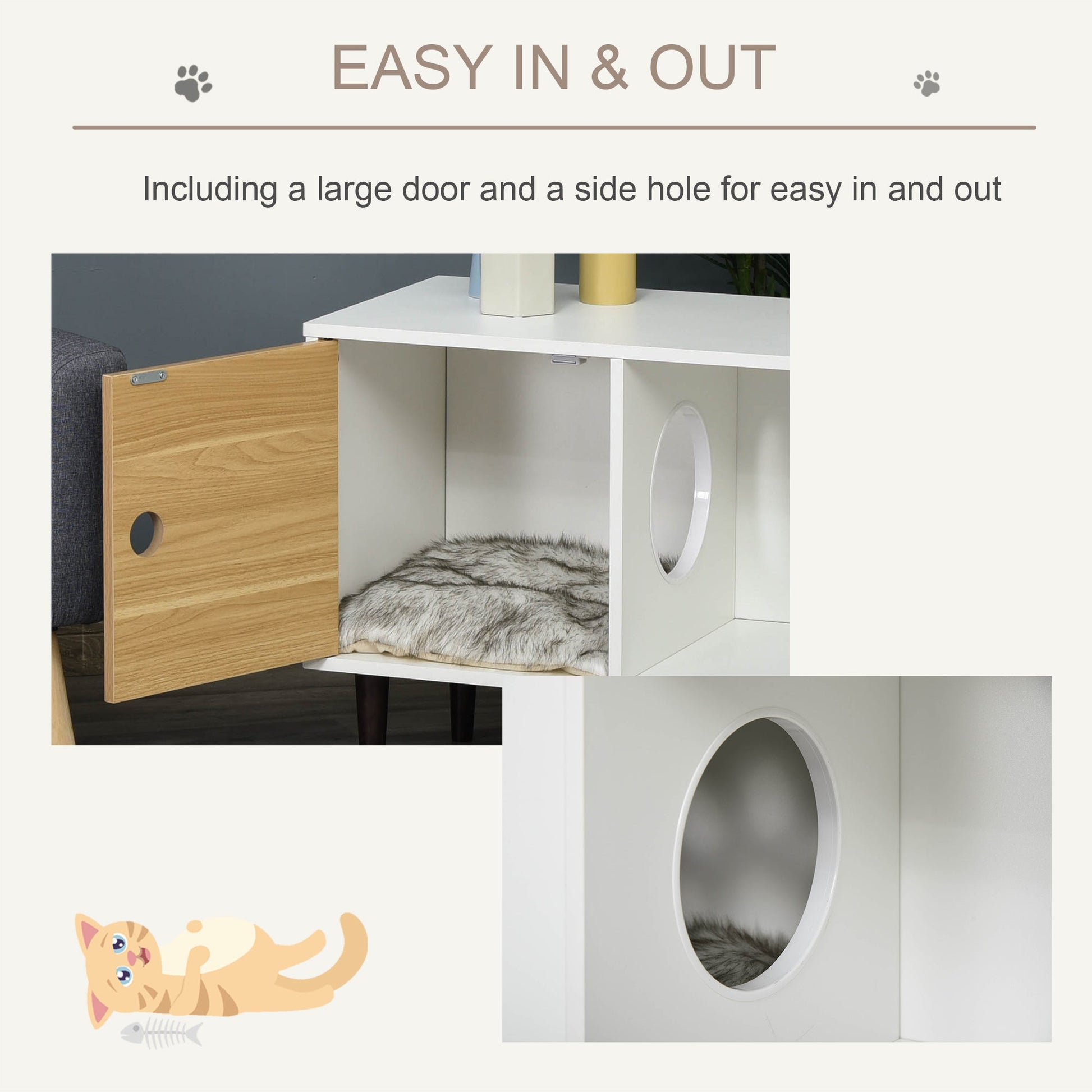 KFX-9744317 Elevated Wooden Cat House with Soft Cushion and Storage, Modern Kitten Condo Side Table