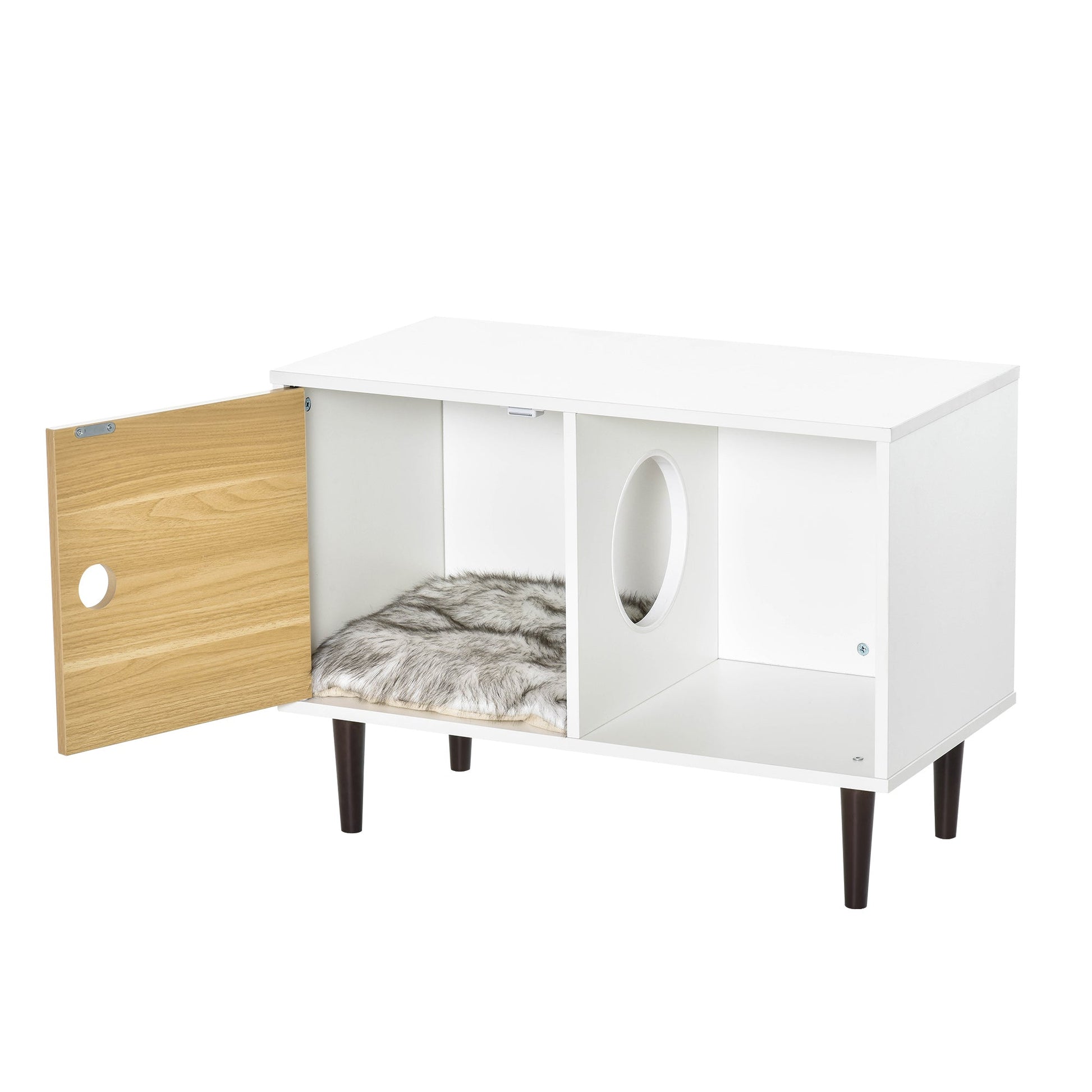 KFX-9744317 Elevated Wooden Cat House with Soft Cushion and Storage, Modern Kitten Condo Side Table