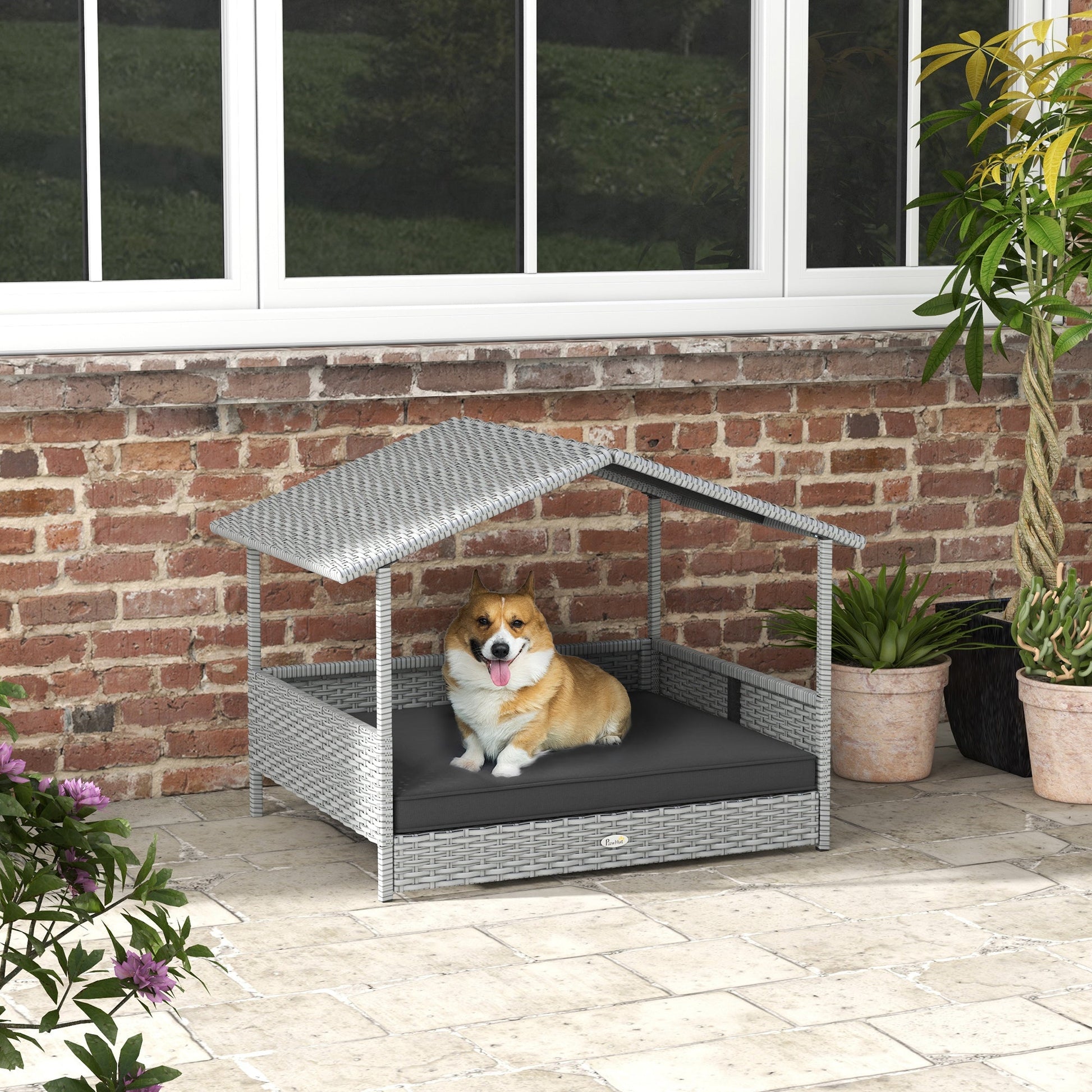 KFX-9753021 Outdoor Dog House with Canopy – Elevated Wicker Pet Sofa Bed for Small to Medium Dogs