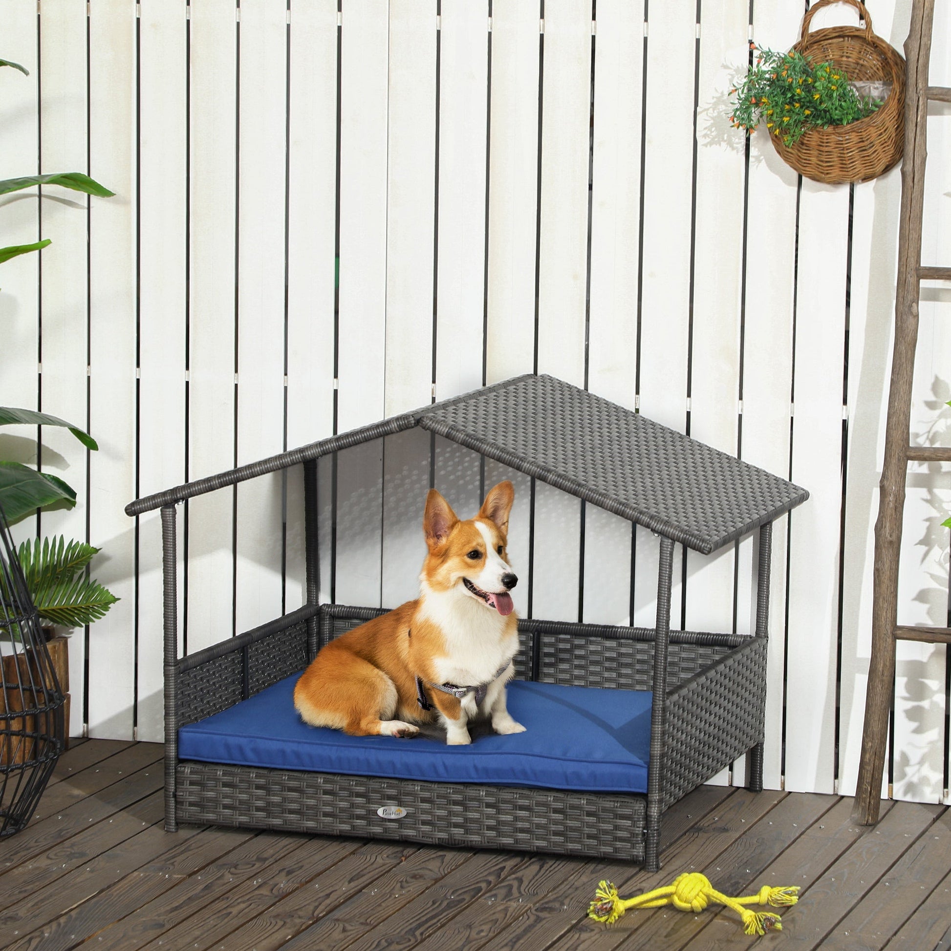 KFX-9753021 Outdoor Dog House with Canopy – Elevated Wicker Pet Sofa Bed for Small to Medium Dogs
