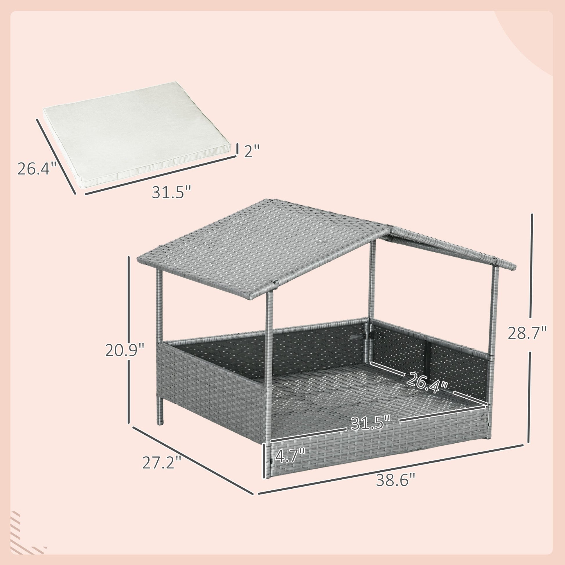 KFX-9753021 Outdoor Dog House with Canopy – Elevated Wicker Pet Sofa Bed for Small to Medium Dogs