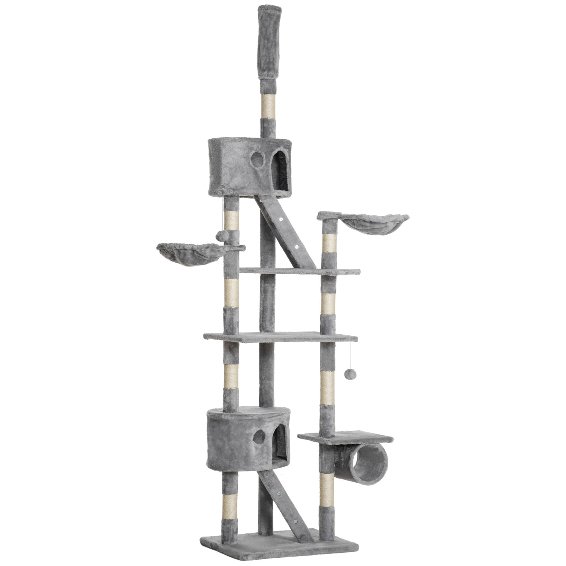 KFX-9769149 Height Adjustable Cat Tree, 94.5-102.5 inch Climbing Tower with Hammocks, Scratching Posts, and Condos