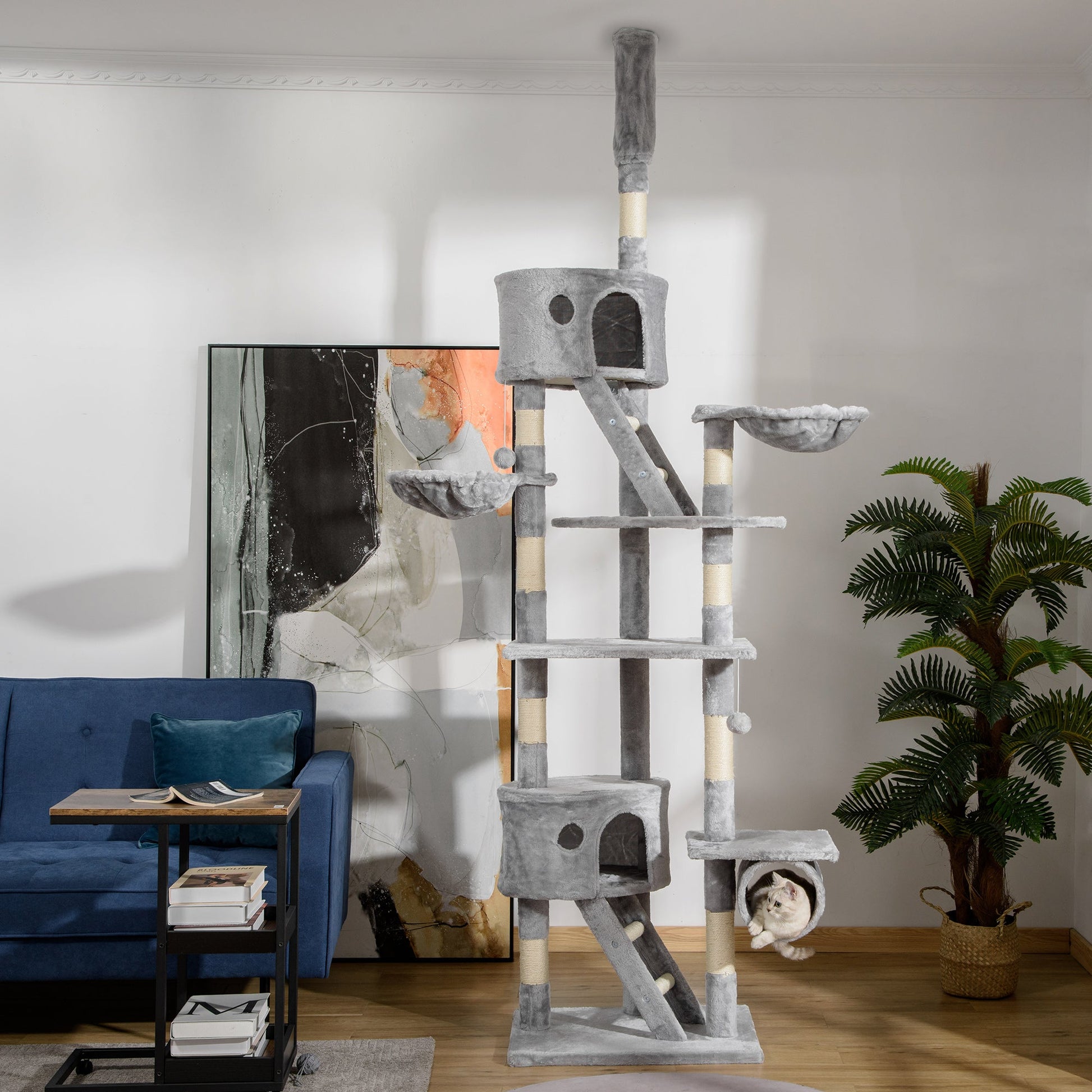 KFX-9769149 Height Adjustable Cat Tree, 94.5-102.5 inch Climbing Tower with Hammocks, Scratching Posts, and Condos
