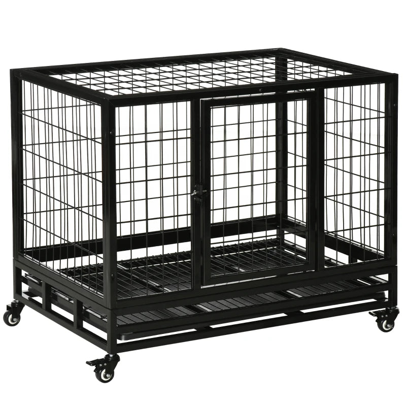 KFX-9769533 Heavy Duty Dog Crate with Dual Entry, Removable Tray, Lockable Wheels for Medium and Large Dogs, Black