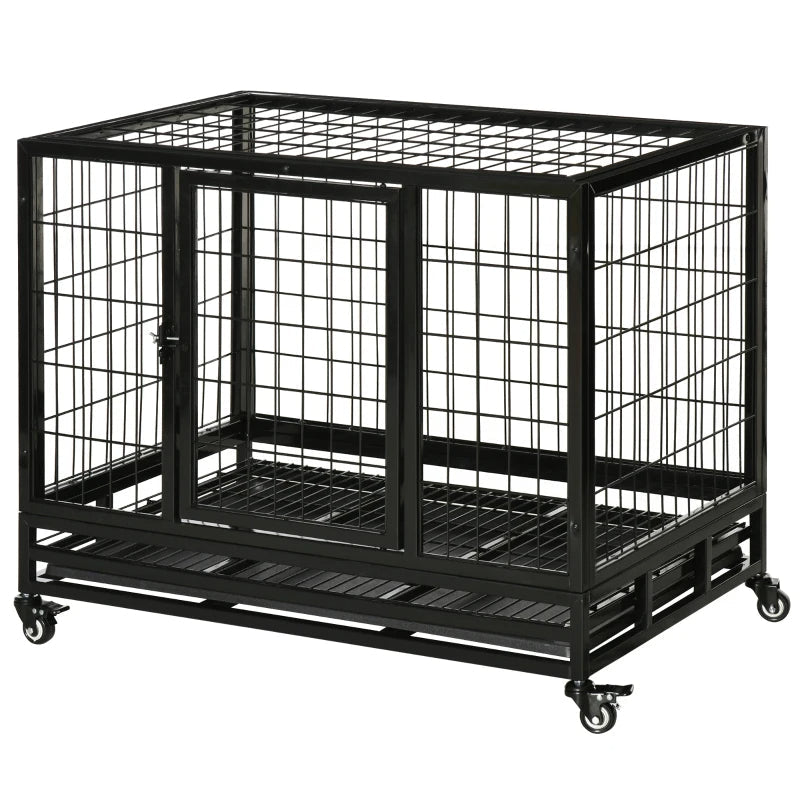 KFX-9769533 Heavy Duty Dog Crate with Dual Entry, Removable Tray, Lockable Wheels for Medium and Large Dogs, Black