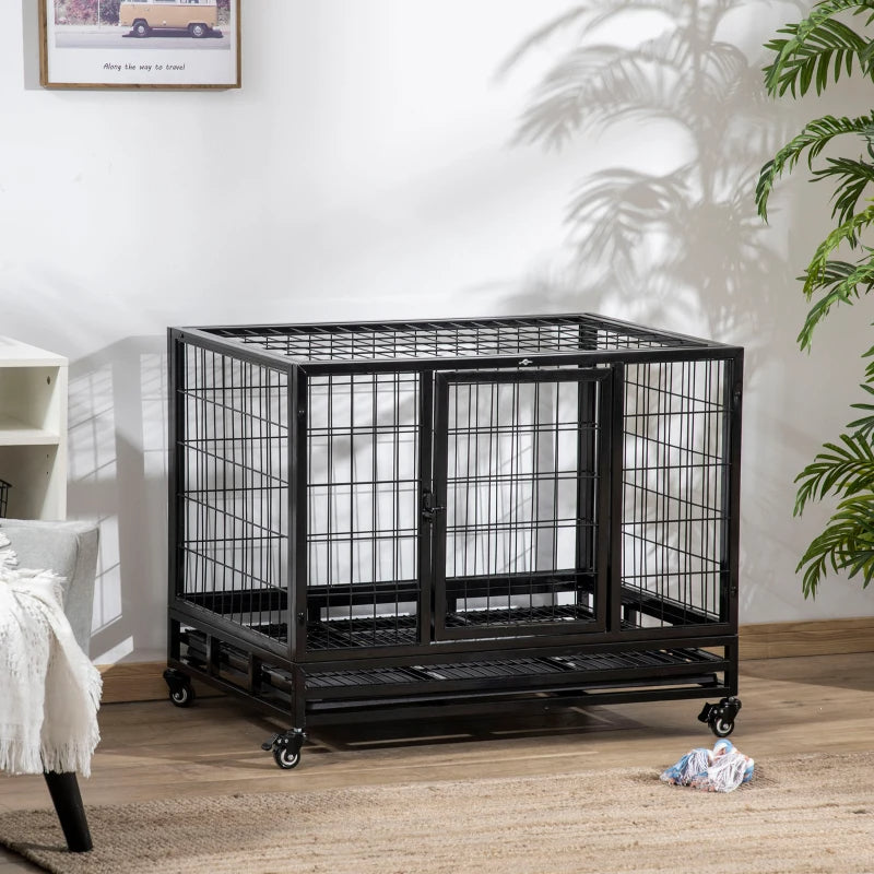 KFX-9769533 Heavy Duty Dog Crate with Dual Entry, Removable Tray, Lockable Wheels for Medium and Large Dogs, Black