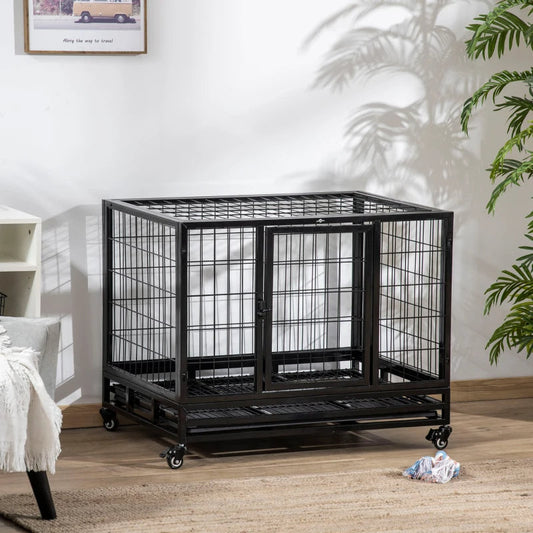 KFX-9769533 Heavy Duty Dog Crate with Dual Entry, Removable Tray, Lockable Wheels for Medium and Large Dogs, Black