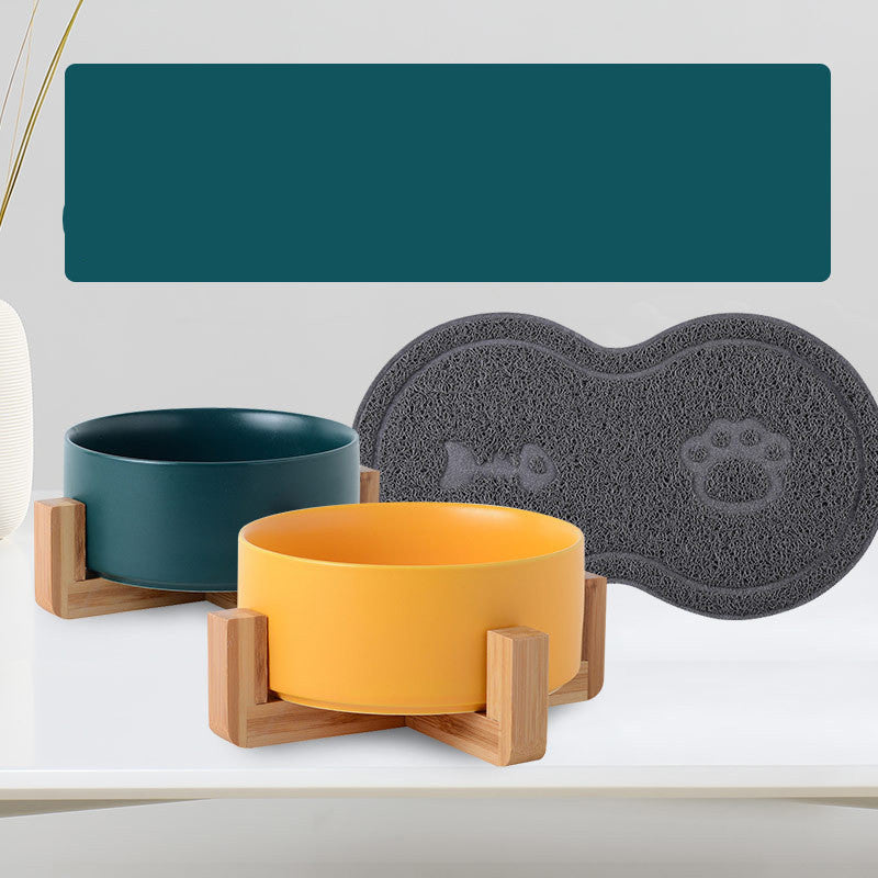 KFX-9771837 Ceramic Double Cat & Dog Bowl with Bamboo Base, Multiple Sizes Available