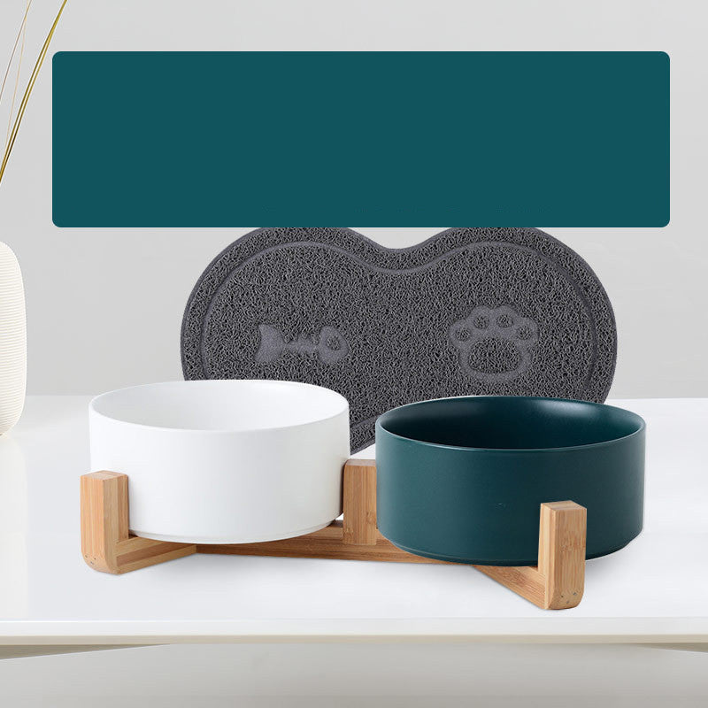 KFX-9771837 Ceramic Double Cat & Dog Bowl with Bamboo Base, Multiple Sizes Available