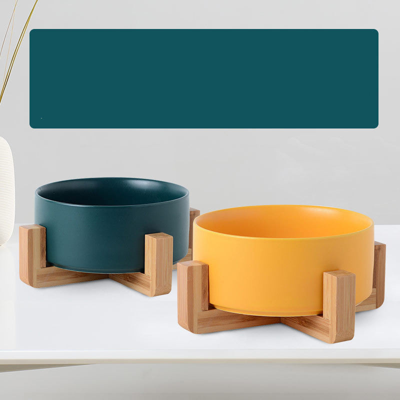 KFX-9771837 Ceramic Double Cat & Dog Bowl with Bamboo Base, Multiple Sizes Available