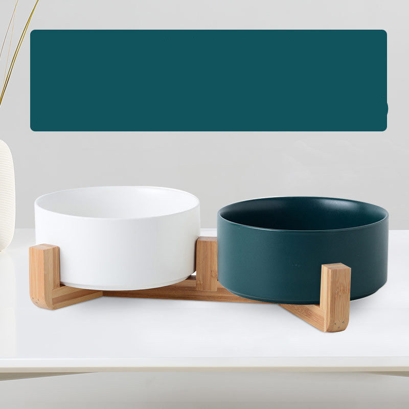 KFX-9771837 Ceramic Double Cat & Dog Bowl with Bamboo Base, Multiple Sizes Available