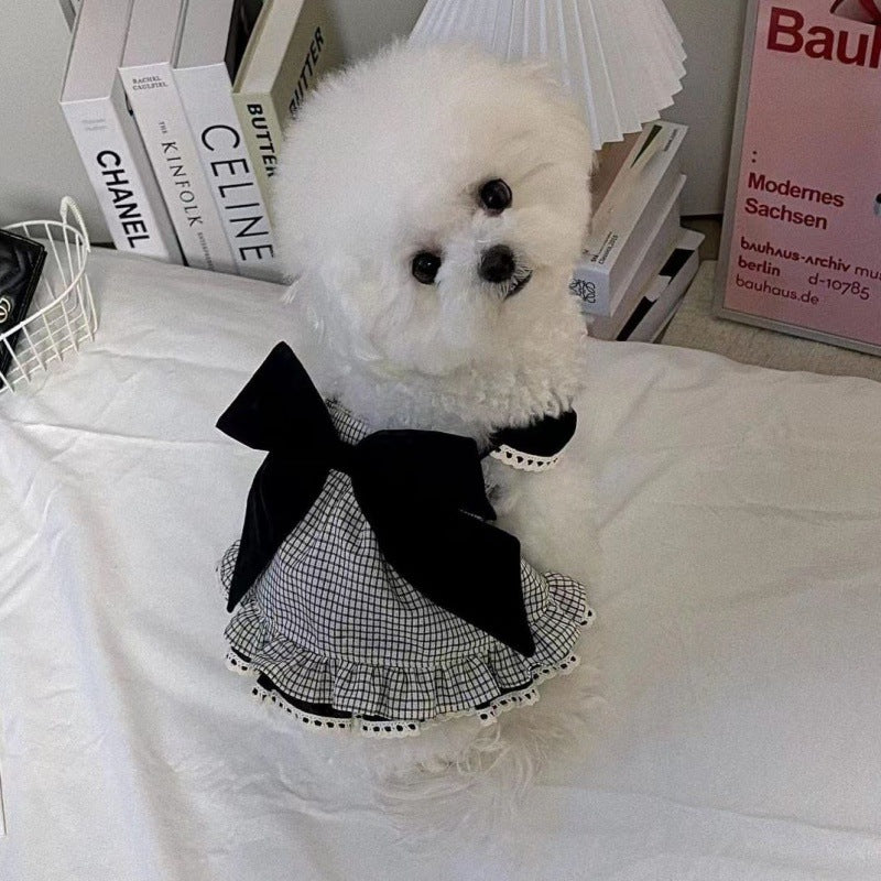 KFX-9772221 Houndstooth Big Bow Plaid Halter Skirt for Dogs - XS to XL, Polyester, Spring and Autumn Wear