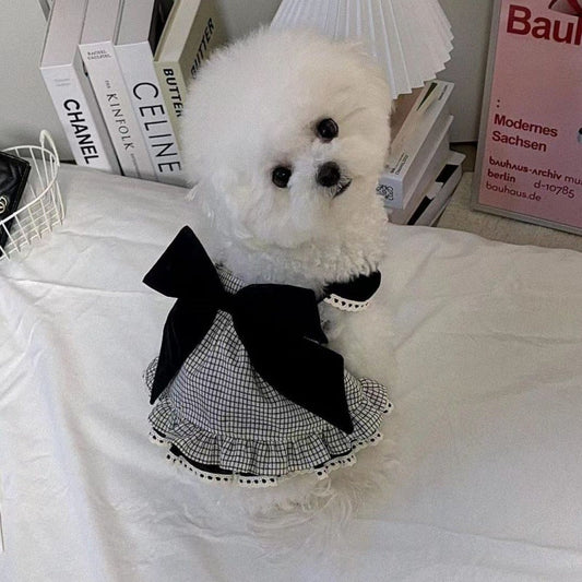 KFX-9772221 Houndstooth Big Bow Plaid Halter Skirt for Dogs - XS to XL, Polyester, Spring and Autumn Wear
