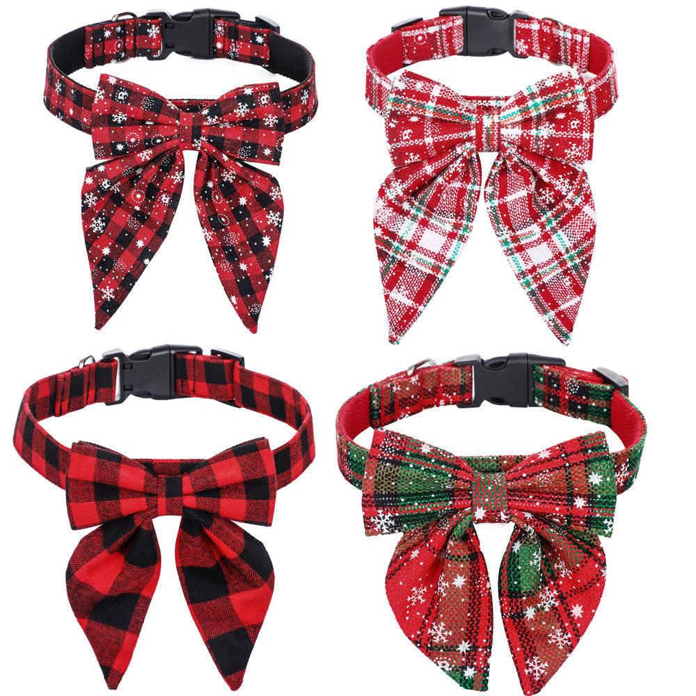 KFX-9773629 Plaid Christmas Dog Collar with Bow Tie – Red and Black Snowflake Design, Available in S, M, L Sizes