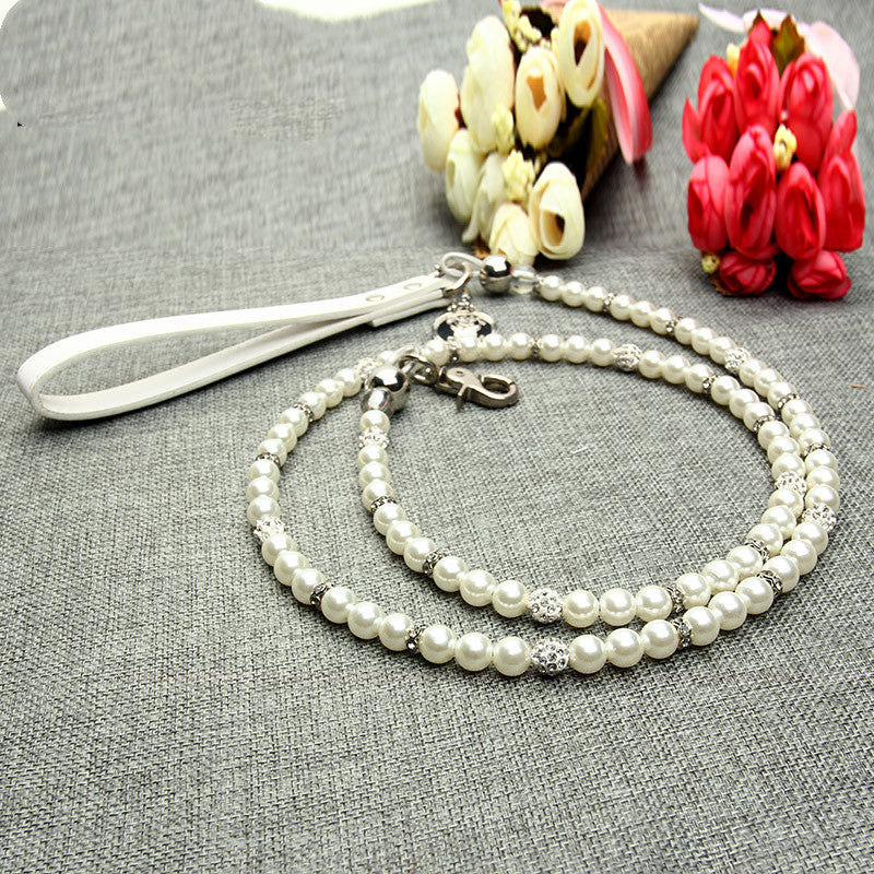 KFX-9775421 Elegant Pearl Dog Leash and Collar Set - White, Size S/M/L