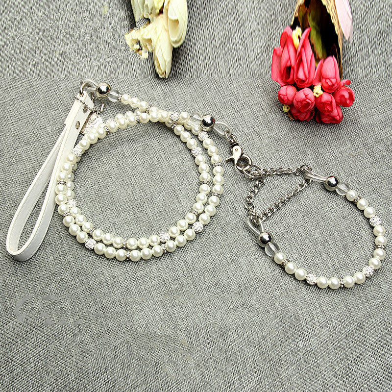 KFX-9775421 Elegant Pearl Dog Leash and Collar Set - White, Size S/M/L