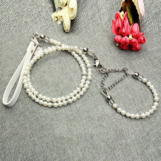 KFX-9775421 Elegant Pearl Dog Leash and Collar Set - White, Size S/M/L