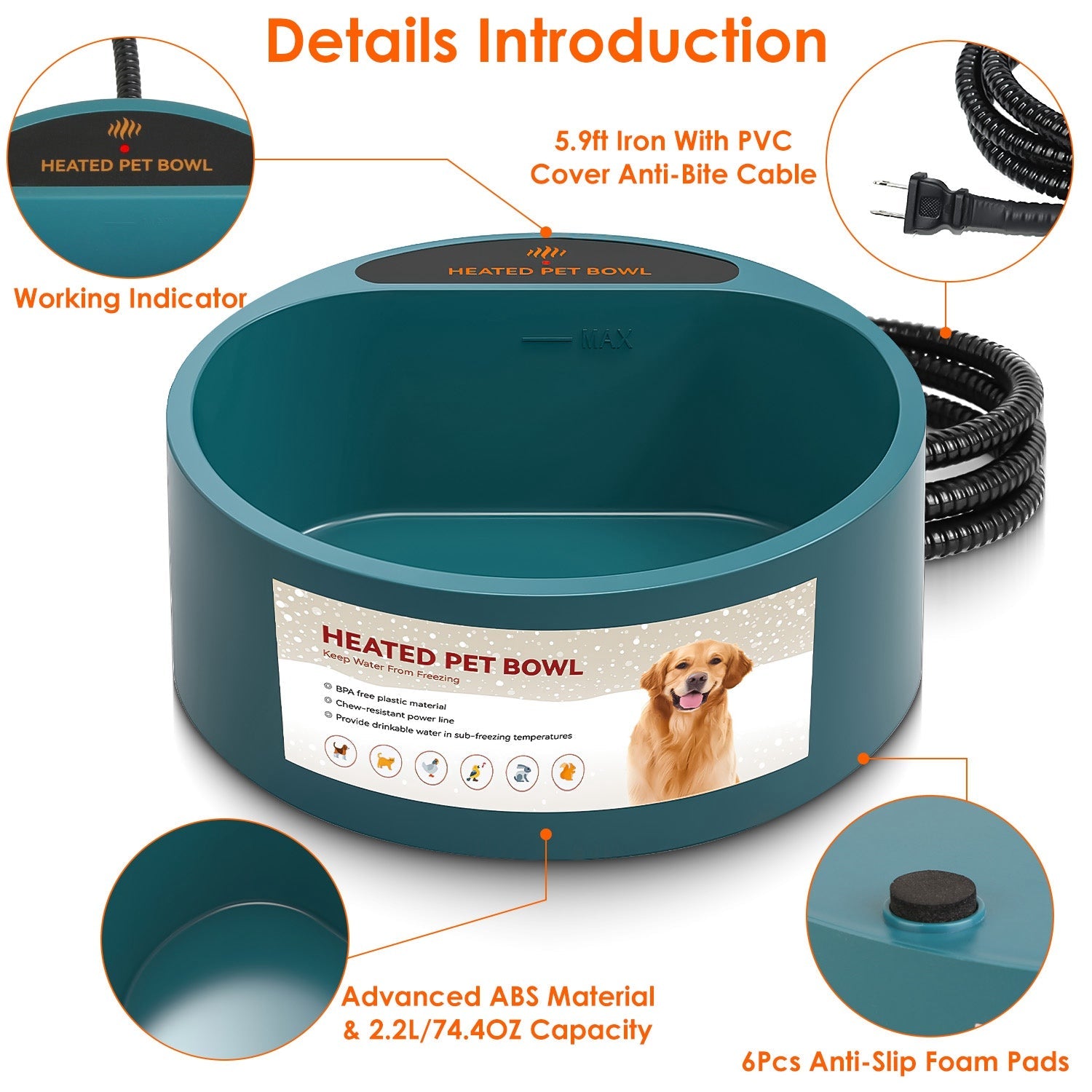 KFX-9777597 Heated Pet Water Bowl with 74.4oz Capacity, IP67 Waterproof Design, and Thermostatic Control for Dogs and Cats