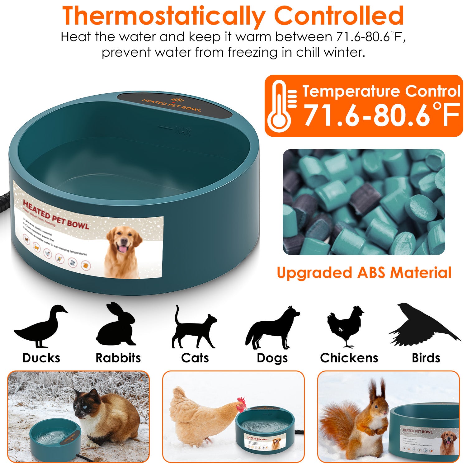 KFX-9777597 Heated Pet Water Bowl with 74.4oz Capacity, IP67 Waterproof Design, and Thermostatic Control for Dogs and Cats