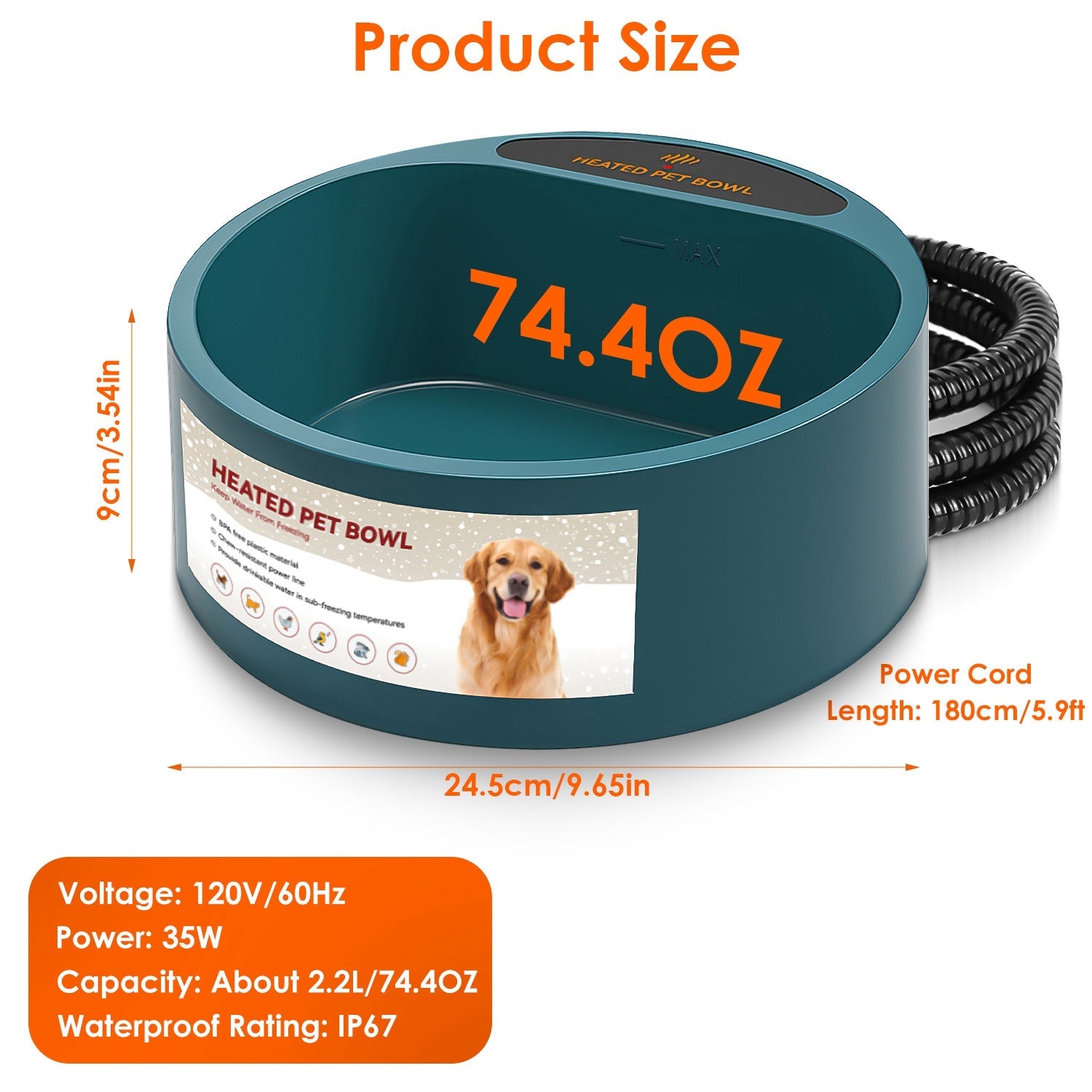 KFX-9777597 Heated Pet Water Bowl with 74.4oz Capacity, IP67 Waterproof Design, and Thermostatic Control for Dogs and Cats