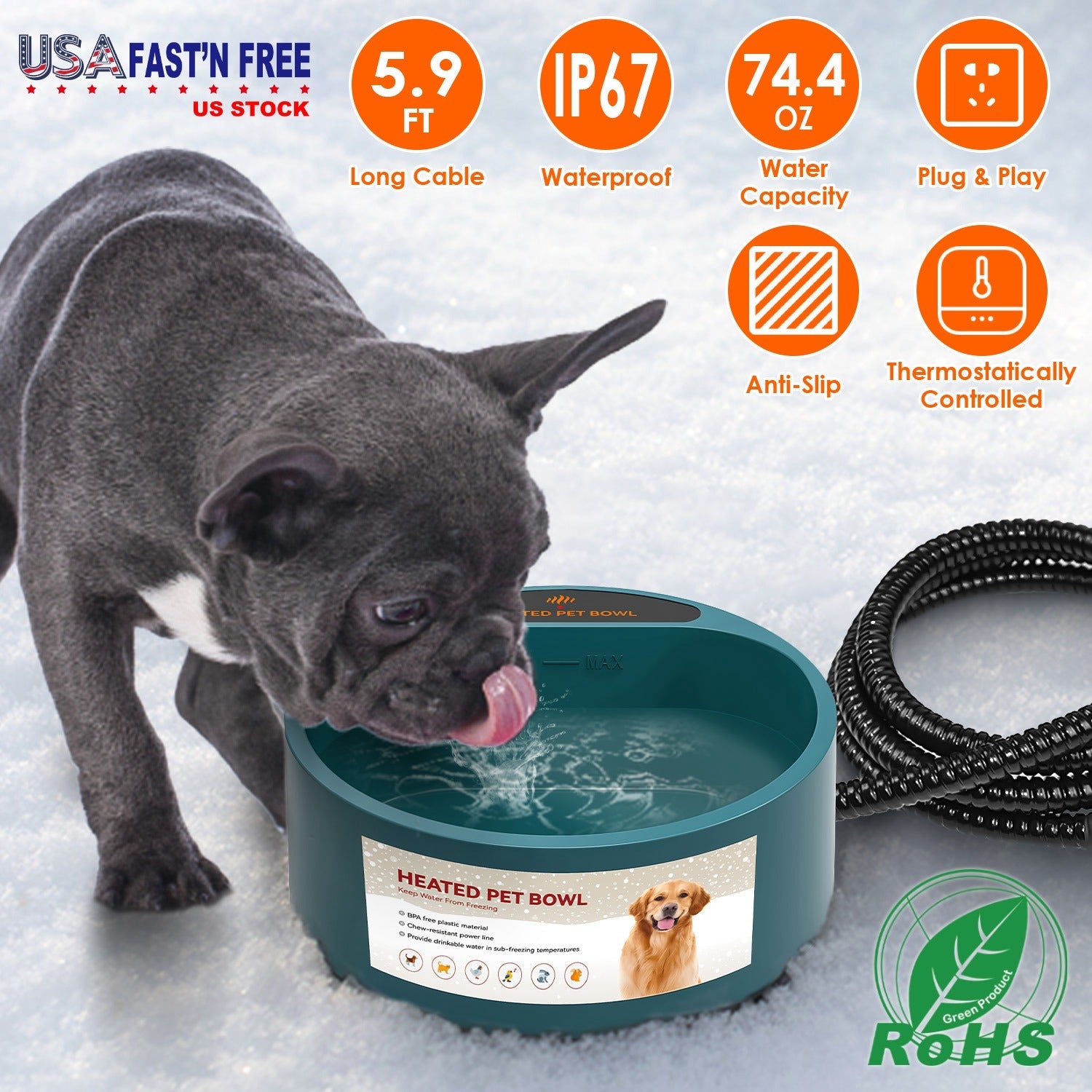 KFX-9777597 Heated Pet Water Bowl with 74.4oz Capacity, IP67 Waterproof Design, and Thermostatic Control for Dogs and Cats
