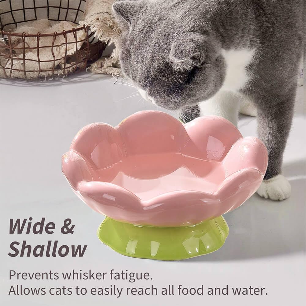 KFX-9781565 Shallow Wide Ceramic Cat Bowl, Anti-Vomiting & Whisker Fatigue Design, Non-Slip Tilted Flower Bowl for Cats, Pink