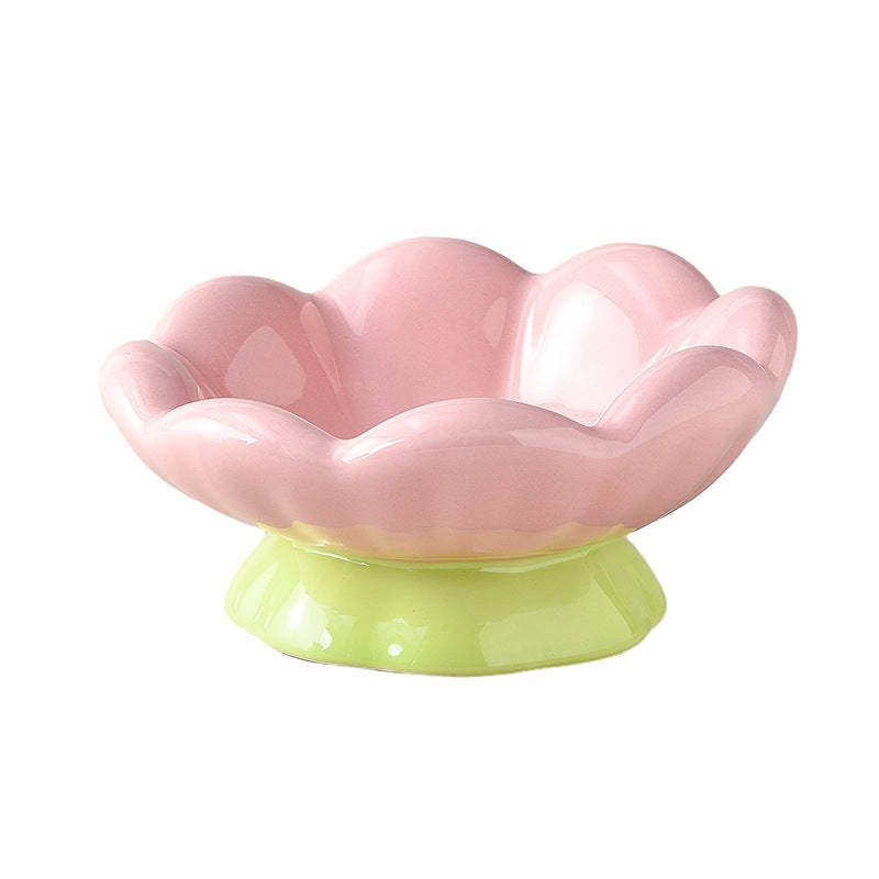 KFX-9781565 Shallow Wide Ceramic Cat Bowl, Anti-Vomiting & Whisker Fatigue Design, Non-Slip Tilted Flower Bowl for Cats, Pink