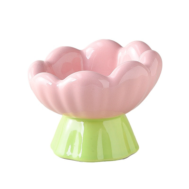 KFX-9781565 Shallow Wide Ceramic Cat Bowl, Anti-Vomiting & Whisker Fatigue Design, Non-Slip Tilted Flower Bowl for Cats, Pink