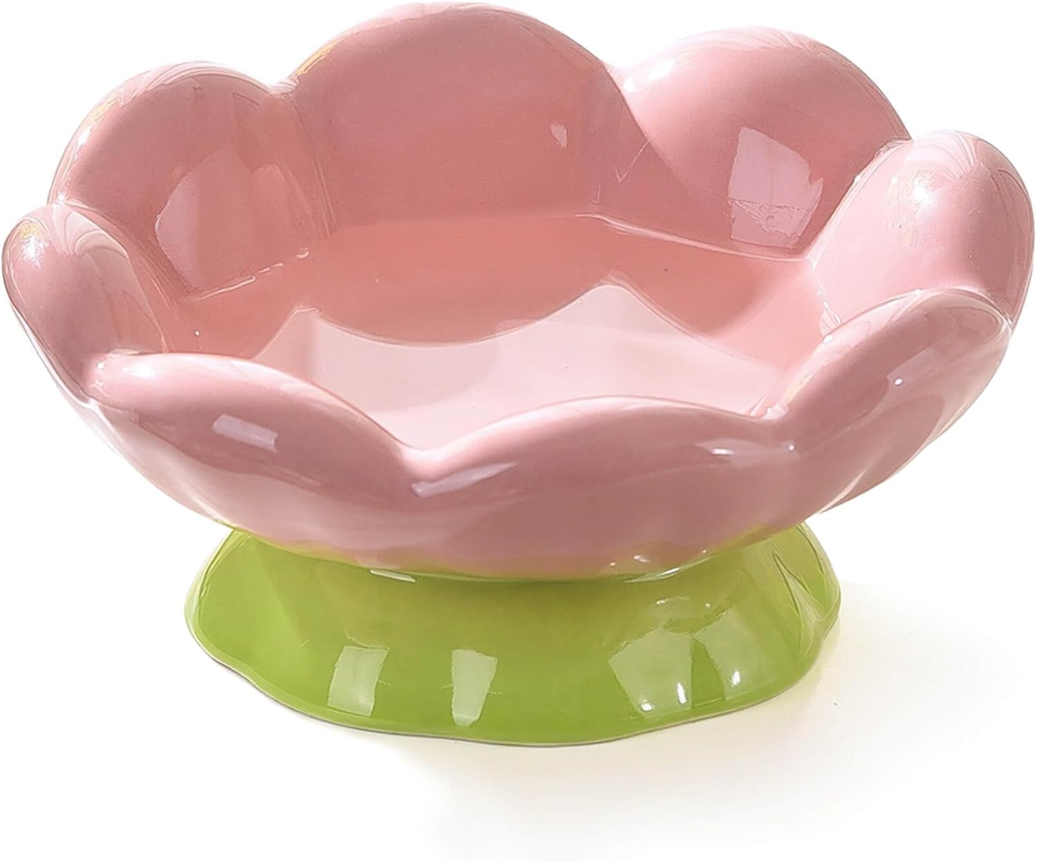 KFX-9781565 Shallow Wide Ceramic Cat Bowl, Anti-Vomiting & Whisker Fatigue Design, Non-Slip Tilted Flower Bowl for Cats, Pink