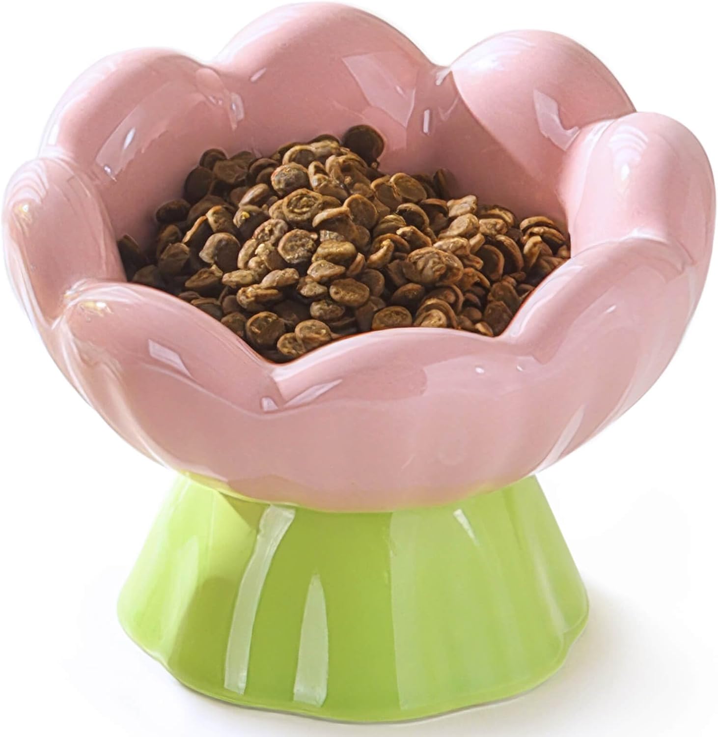 KFX-9781565 Shallow Wide Ceramic Cat Bowl, Anti-Vomiting & Whisker Fatigue Design, Non-Slip Tilted Flower Bowl for Cats, Pink