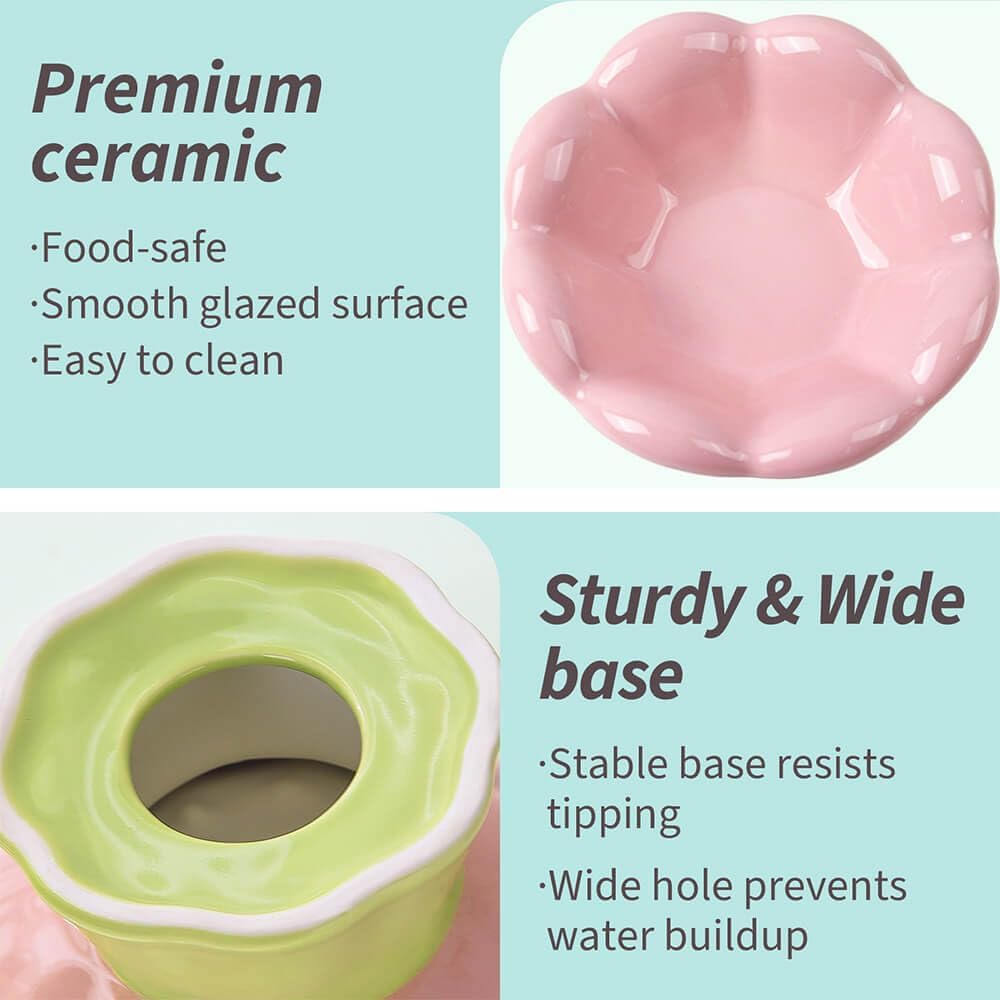 KFX-9781565 Shallow Wide Ceramic Cat Bowl, Anti-Vomiting & Whisker Fatigue Design, Non-Slip Tilted Flower Bowl for Cats, Pink