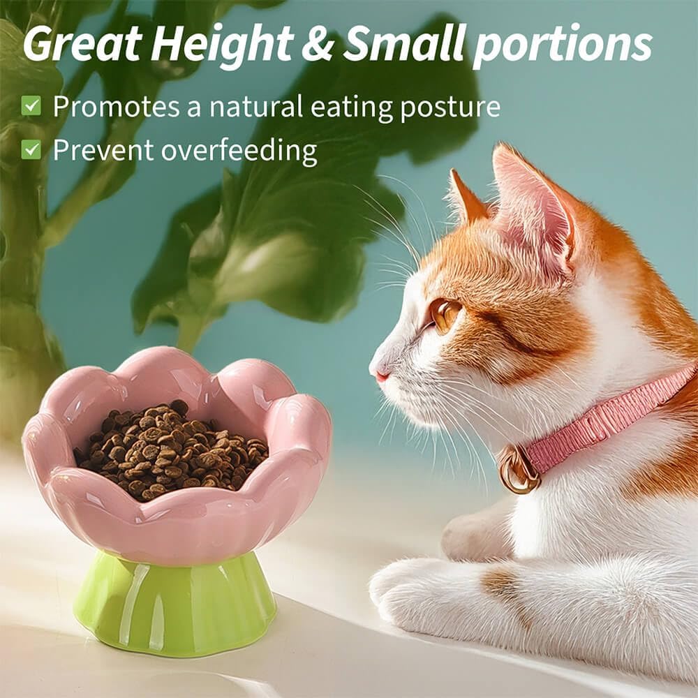 KFX-9781565 Shallow Wide Ceramic Cat Bowl, Anti-Vomiting & Whisker Fatigue Design, Non-Slip Tilted Flower Bowl for Cats, Pink