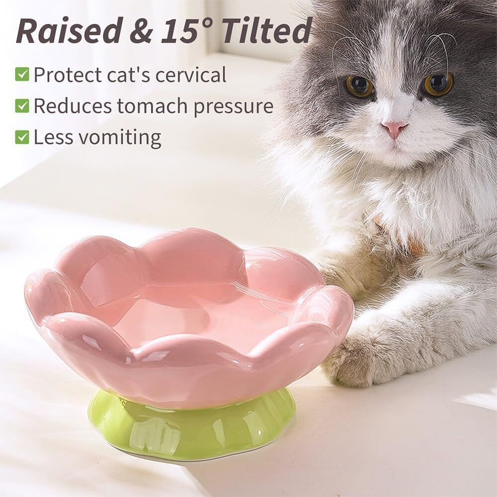 KFX-9781565 Shallow Wide Ceramic Cat Bowl, Anti-Vomiting & Whisker Fatigue Design, Non-Slip Tilted Flower Bowl for Cats, Pink